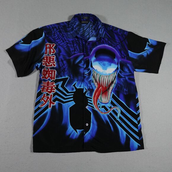 VTG Venom Shirt Marvel Men Large Mega Print Button Up Blue Y2K